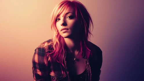 Warm gradient portrait uses split lighting on pink-haired subject