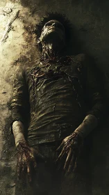 Figure with severe thoracic trauma lying against rough wall