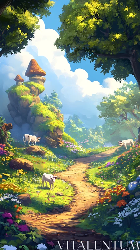 Sunlit goat path winding through a spell-kissed forest glade.