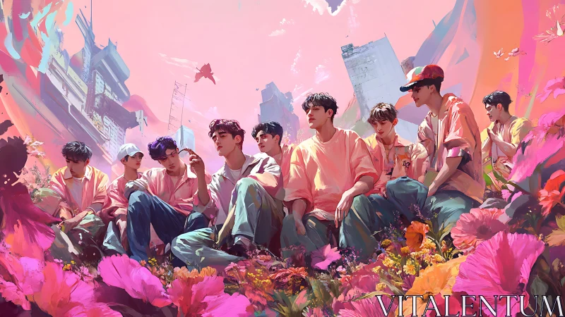 Nine young men in pink streetwear among vivid city flowers.