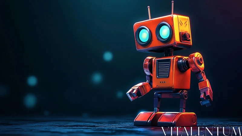 3D stylized orange service robot with cinematic key lighting.