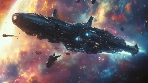 Massive star cruiser glides through blazing cosmic nebula