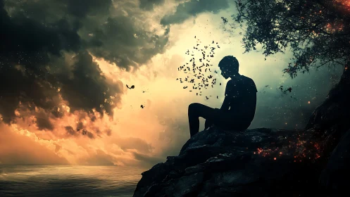 Silhouetted figure on coastal cliff framed by dramatic backlit clouds