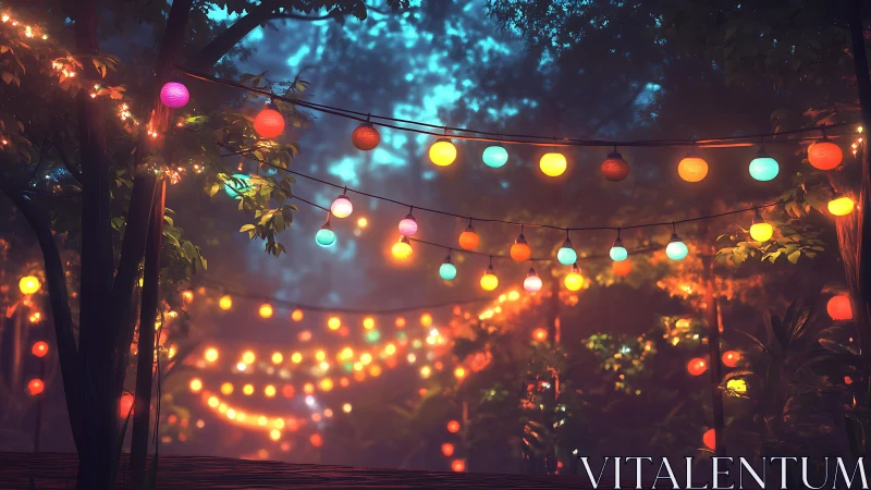 Lantern strings drift like glowing constellations in the forest night