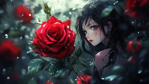 Dark haired girl meets luminous blood red rose in rain