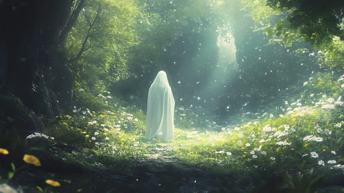 Cloaked figure standing in sunlit forest clearing scene.