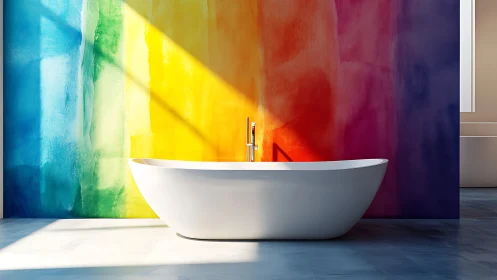 Sunlit soaking capsule before a watercolor rainbow wall.