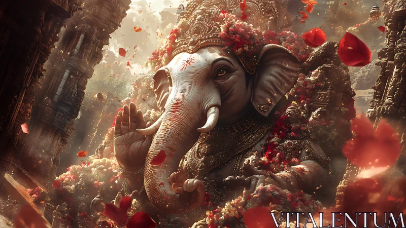 Ornate elephant deity sculpture amid dynamic rose-petal vortex.