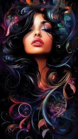 Chromatic vector portrait with swirling fractal hair morphology.