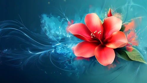 Red Flower Against Turquoise Digital Waves.