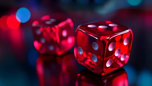 Shiny Red Dice on Reflective Surface with Colorful Bokeh Lights.