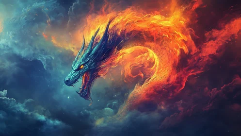 Fiery serpentine dragon formed from clouds and flames.