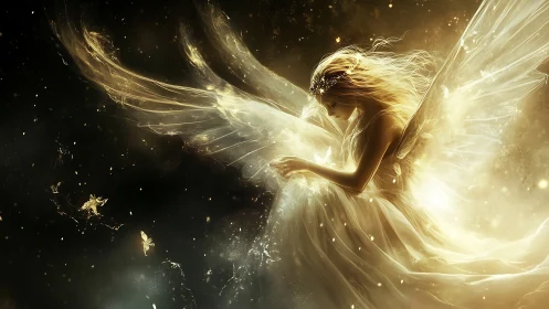 Golden winged figure sits in glowing atmospheric light