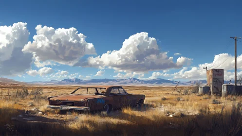 Rusting car rests in wide desert plain under towering clouds