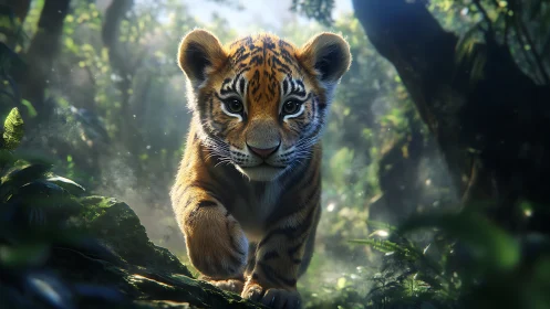 Young jungle tiger pads through dreamlit emerald shadows.