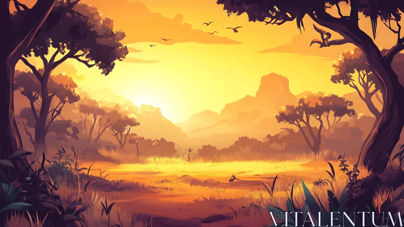 Golden Savanna Sunset with Acacia Trees and Wildlife.