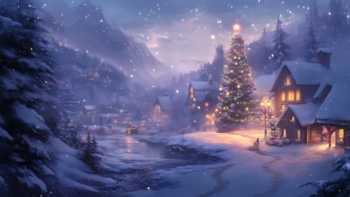 Snowlit village hushes under a towering starlit tree glow