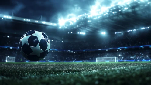 Soccer ball on illuminated stadium pitch under night floodlights.