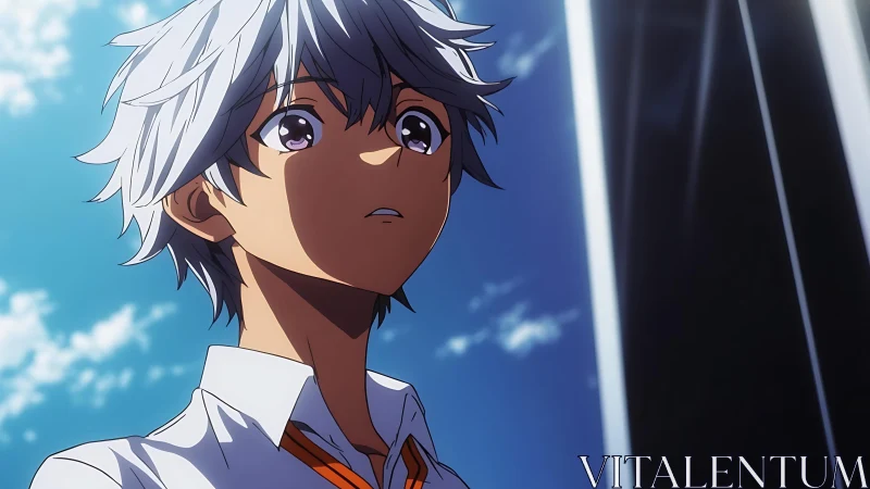Silver haired anime student gazes upward in bright daylight.