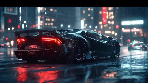 Cyberpunk supercar in neon-soaked nocturnal streetscape.