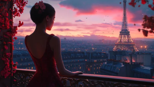 Elegant woman overlooking glowing Eiffel Tower at dusk.