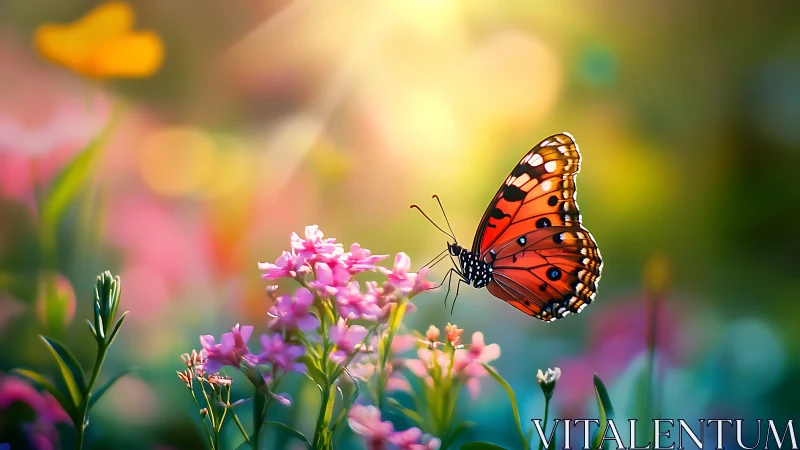 Sunlit monarch pauses amid candy colored garden dreams.