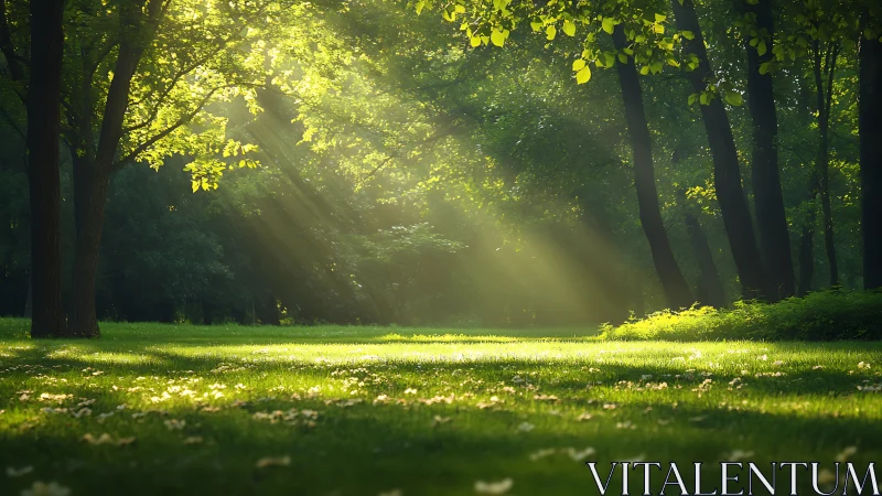 Sunlit Forest Clearing with Lush Green Grass in Serene Morning Light.