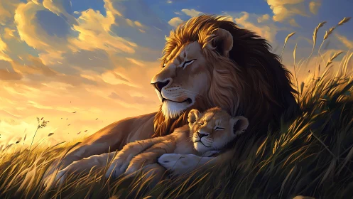 Luminous Lion and Cub in Golden Savanna Grassland at Sunset