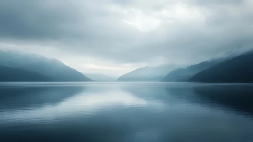 Mist-laden fjord panorama with glassy blue water surface.