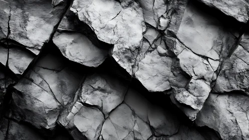 Monochrome cracked rock wall with sharp fractured planes.