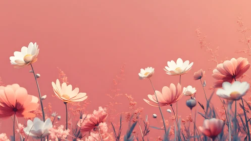 Pink flower field with white cosmos under monochromatic background