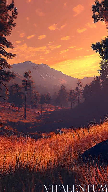 Volumetric-lit mountain valley with stylized sunset grassland.