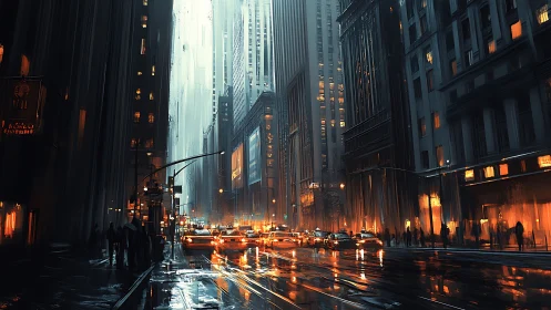 Neon rain city street with glowing taxis at dusk.