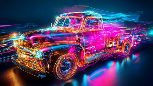 Neon light trail classic pickup truck in motion at night.