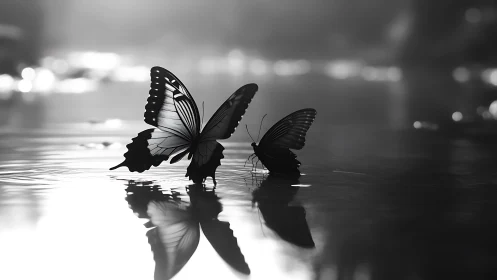 Gentle butterflies resting together on a silver still pond.