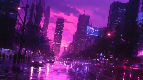 Neon city street glows in warm pink light after rainfall