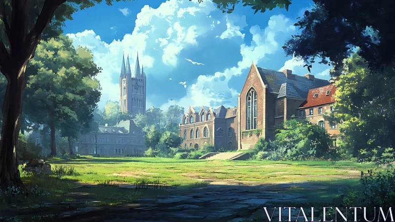 Sunlit academy courtyard hums quietly beneath drifting clouds