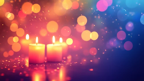 Candlelit shimmer in a rainbow bokeh dreamscape glow.