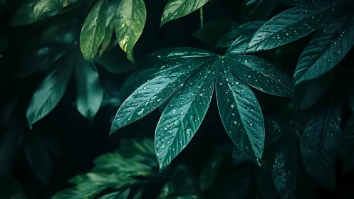 Rain-kissed jungle leaves glowing in deep emerald hush.
