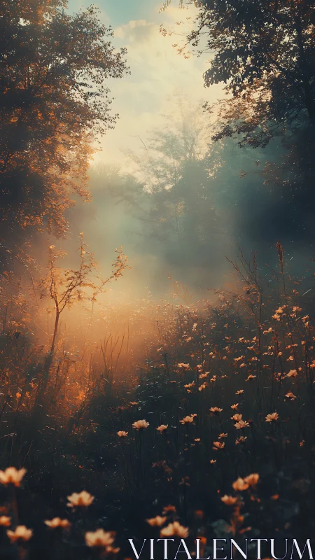 Soft sunrise path through misty wildflower woodland.
