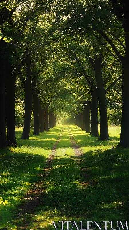 Sunlit tree tunnel frames narrow forest path in summer