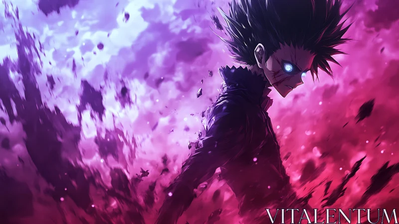 Stormlit anime warrior wrapped in glowing violet fury.