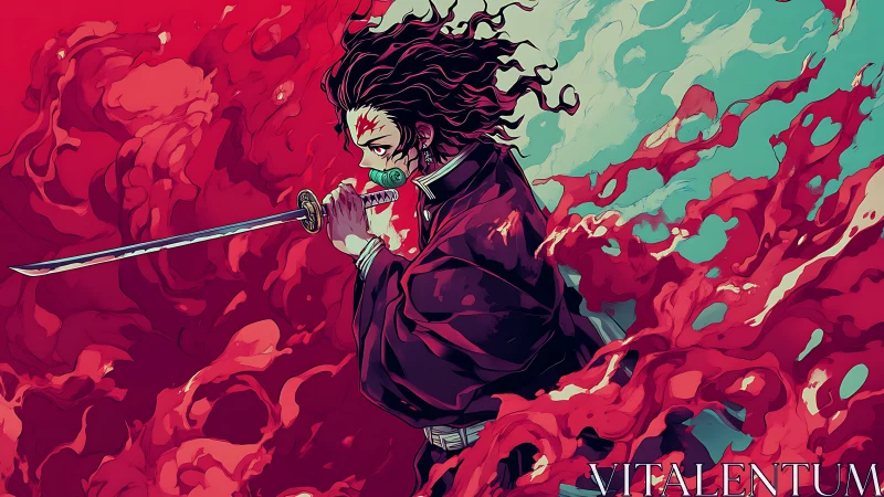 Samurai swordsman advances through abstract crimson energy field