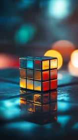 Colorful glass cube puzzle reflects in dreamy neon bokeh.