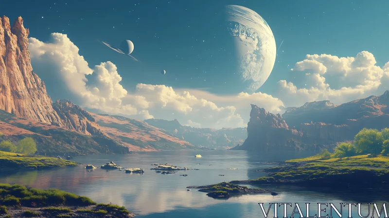 Alien canyon landscape shows water, cliffs, and multiple moons