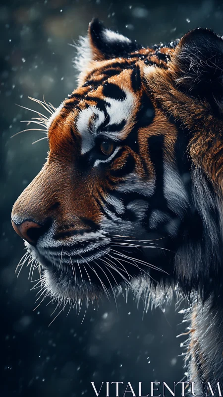 Majestic tiger gazes through falling snow in quiet focus
