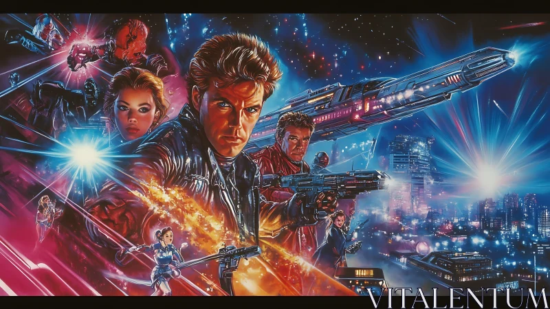 Retro sci fi heroes with starships and neon city backdrop.