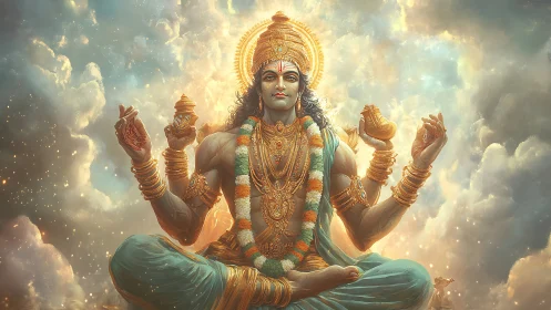 Four-armed divine figure seated amid radiant clouds.