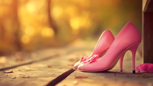 Pink high heels on wooden deck under warm sunset light.