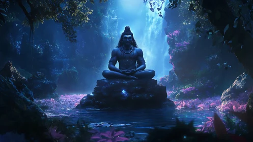 Shiva statue meditates in bioluminescent jungle grotto.